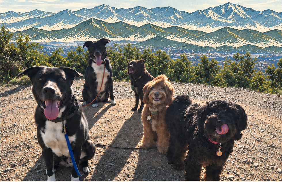 Five Lucky Pack dogs together on a Los Angeles trail with the San Gabriel Mountains behind them